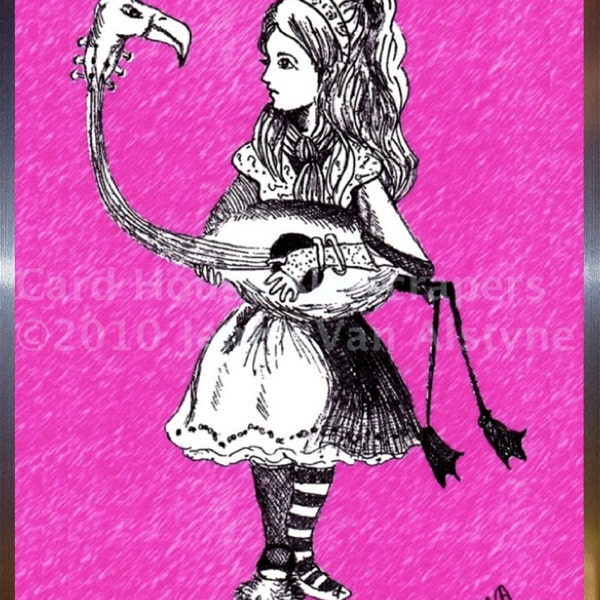 Alice in Wonderland Art, Alice & Flamingo -  framed  8  x 10 print, Tim Burton Inspired, proceeds to Alzheimer's Association