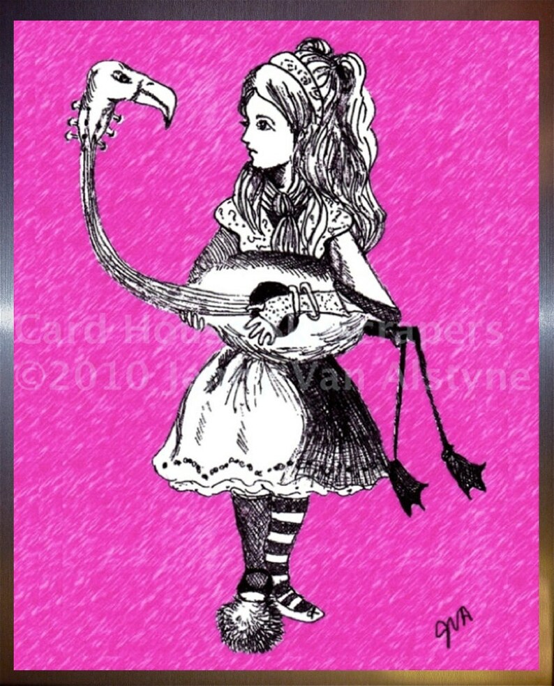 Alice in Wonderland Art, Alice & Flamingo framed 8 x 10 print, Tim Burton Inspired, proceeds to Alzheimer's Association image 1