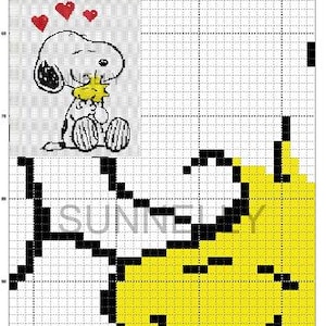 May include: A cross-stitch pattern on a grid featuring a white dog with black ears holding a yellow bird, with three red hearts above. The pattern includes a large yellow section and the text SUNNELLY overlaid on the grid lines.