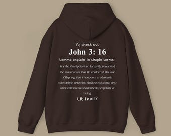 Sudadera con capucha "Sí, examino la Biblia", sudadera con capucha cristiana de Juan 3:16, humor teológico con texto arcaico, ropa cristiana literaria