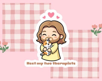 Pegatina de Jesús y gato chibi, divertida calcomanía de vinilo cristiana