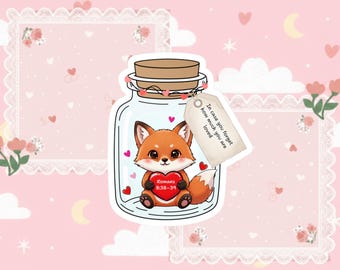 Pegatina de un zorro en un frasco, versículo bíblico de Romanos 8:38-39, calcomanía de fe cristiana