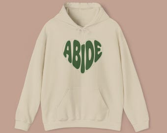 Sudadera con capucha Abide, sudadera con capucha minimalista de fe cristiana con gráfico de corazón, suéter unisex acogedor para uso diario.