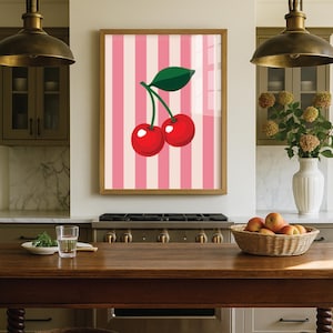 Retro Cherry Kitchen Print: Pink & Red Fruit Illustration (Digital Download)