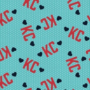 May include: A teal background with a repeating pattern of red "KC" letters and black heart shapes. The letters are in a bold, sans-serif font, and the hearts are solid. The background has a subtle dotted texture.