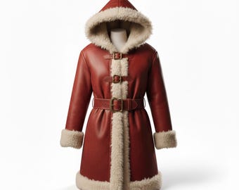 Red Christmas Santa Claus Leather Coat with Fur Lining, Real Leather Shearling Coat for Christmas, Unisex Shearling Jacket Christmas Costume