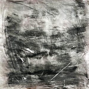 May include: A square piece of translucent, crinkled material featuring a monochromatic abstract design. The surface displays layered, horizontal brushstrokes in varying shades of charcoal, gray, and black, creating a textured, weathered appearance.