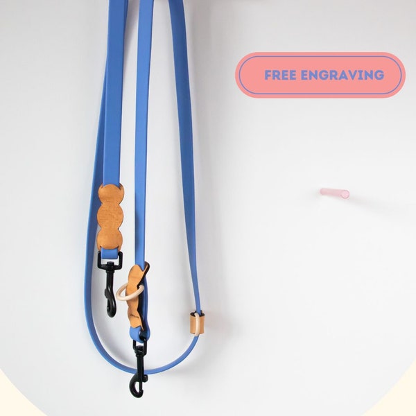 Hands-free dog leash, blue with beige ,  water resistant with leather parts. free engraving