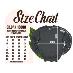 The gildan 18000 size chart with the S: width 20, length 26, sleeve 33, M:width 22, length 27, sleeve 34, L: width 24, length 28, sleeve 35, XL: width 26, length 29, sleeve 36, 2XL: 28,30,37, 3XL: 30, 31, 38, 4XL: 32, 32, 39