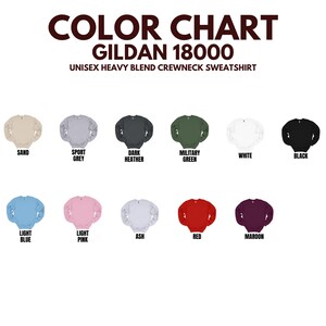 Peut inclure: Nuancier des sweatshirts unisex &agrave; col ras du cou Gildan 18000. Les couleurs pr&eacute;sent&eacute;es sont sable, gris sport, heather fonc&eacute;, vert militaire, blanc, noir, bleu clair, rose clair, cendre, rouge et bordeaux.