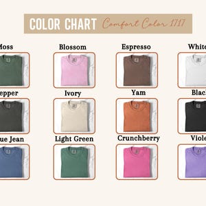 The Comfort Color 1717 T-shirt color chart with Moss, Blossom, Espresso, White, Pepper, Ivory, Yam, Black, Blue Jean, Light Green, Crunchberry and Violet colors