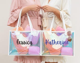 Custom Beach Bag, Holographic Clear Tote, Bridesmaid Gift, Bachelorette Gift, Girls Trip Gift, Birthday Favor, Personalized Gift for Her