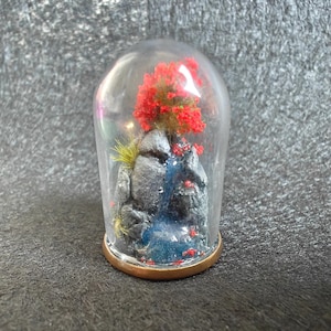 Miniature World in a Capsule: Magical Waterfall and Red Sakura Tree