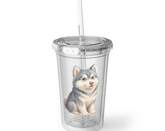 Cute Husky Acrylic Tumbler with Straw, Husky Dog Cup, Siberian Husky Gift, Dog Lover Tumbler, Reusable Cold Drink Cup