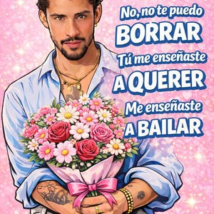 May include: Illustration of a man holding a bouquet of pink and white flowers. The image includes text in Spanish: "No, no te puedo BORRAR Tú me enseñaste A QUERER Me enseñaste A BAILAR."