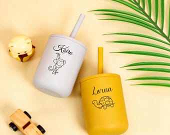 Personalized Silicone Sippy Cup: Engraved Toddler Training Cup with Straw