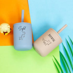 Personalized Toddler Training Cup, Custom Engraved Silicone Sippy Cup with Straw, Non-Spill Baby Tumbler, Gift for Boys & Girls