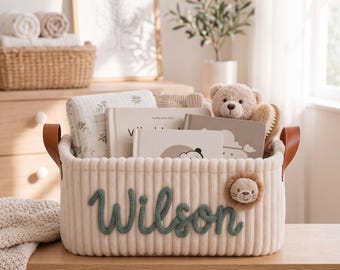 名入れベビー記念品バスケット、名前入りベビー用収納バスケット、刺繍入りおもちゃ箱、新生児ギフトセット、ベビー用収納ボックス