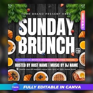 Może przedstawiać: Ulotka promocyjna na niedzielny brunch. Projekt zawiera słowa "Sunday Brunch" dużymi białymi literami, ze zdjęciami naleśników, gofrów i owoców. Ulotka zawiera tekst "Your Brand Present Here" i "Hosted by Host Name | Music by DJ Name."