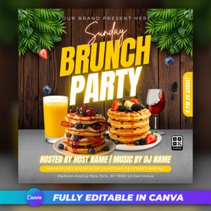 Flyer para Brunch de Domingo - Modelo Canva, Convite para Festa de Brunch, Design de Flyer Digital para Café, Restaurante ou Evento Privado