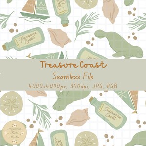 May include: A seamless pattern with a coastal theme, featuring sailboats, bottles marked "Treasure Coast", seashells, sea plants, and manatees in pastel shades. The design is set on a white backdrop. The text "Treasure Coast Seamless File" is also visible.