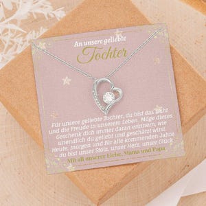 Für unsere Tochter、Forever Love Halskette、Geschenk von Mama und Papa、Geburtstag Schmuck Tochter、Herz Anhänger Kette、Familienliebe、Grußkarte