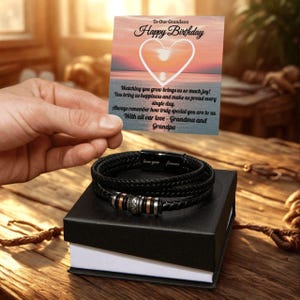 To Our Grandson,Birthday Gift Leather Bracelet from Grandparents,Personalized Jewelry with Message Card,Forever Love Gift for Boy,Present