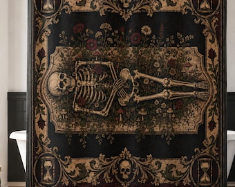 Gothic Skeleton Shower Curtain, Memento Mori Bathroom Decor, Victorian Skull Floral Curtain, Dark Botanical Macabre Home Decor