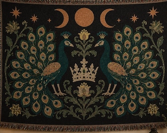 Royal Peacock Triple Moon Tapestry Throw | Woven Blanket Heraldic Gothic Witchy Celestial Dark Botanical Gift