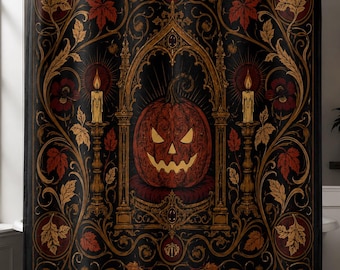 Gothic Jack O Lantern Shower Curtain, Vintage Halloween Bathroom Decor, Art Nouveau Pumpkin Curtain, Dark Autumn Home Decor