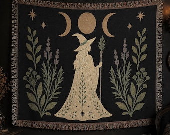 Witch Woven Tapestry Blanket, Triple Moon Botanical Throw, Dark Cottagecore Gothic Wall Hanging