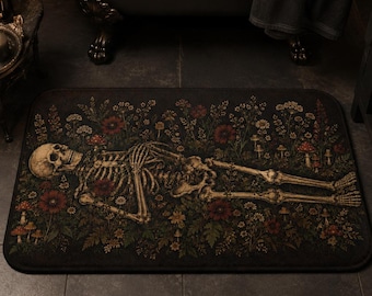 Gothic Skeleton Bath Mat, Dark Botanical Bathroom Rug, Mushroom Floral Skeleton Decor, Dark Cottagecore Bath Mat