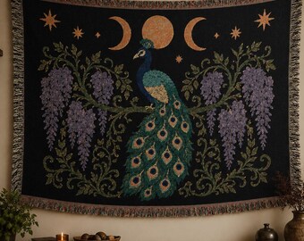 Triple Moon Peacock Tapestry Throw | Woven Blanket Wisteria Witchy Decor Dark Botanical Gothic Celestial Gift