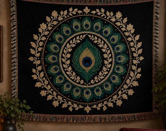 Peacock Feather Medallion Tapestry Throw | Woven Blanket Dark Botanical Art Nouveau Gothic Maximalist Decor Gift