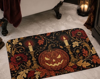 Gothic Pumpkin Bath Mat, Victorian Halloween Decor, Jack O Lantern Floral Bathroom Rug, Dark Cottagecore Fall Decor
