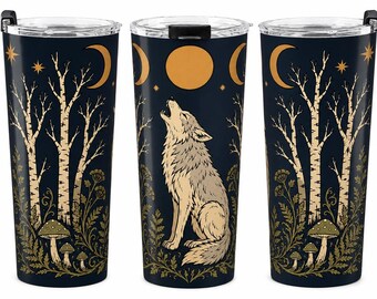 Howling Wolf Tumbler 20oz | Gothic Wolf Travel Mug | Dark Cottagecore Decor | Insulated Coffee Cup