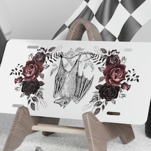 Romantic Dark Academia Gothic Floral license plate, Victorian Style Vampire Bat Botanical Aesthetic Front License Plate, Car Tag - White