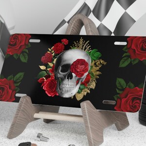 Gothic Skull and Roses license plate, Romantic Floral Goth License Plate, Red Black Horror License Plate For New Car, Car Tag