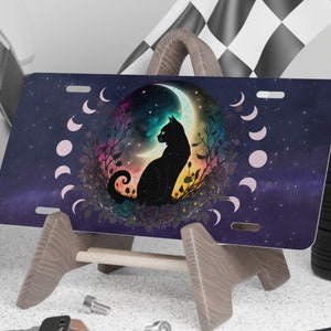 Celestial Black Cat license plate, Moon Phase Galaxy Cat Front License Plate, Vanity Plate For New Car, Car Tag, Version 2