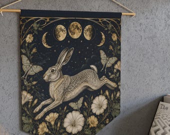 Moon Hare Wall Hanging Banner | Triple Moon Rabbit Tapestry | Celestial Botanical Wall Art | Vintage Naturalist Style Decor