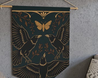 Three Ravens Wall Hanging Banner | Gold Crow Line Art Tapestry | Art Deco Gothic Wall Art | Dark Witchy Bird Decor