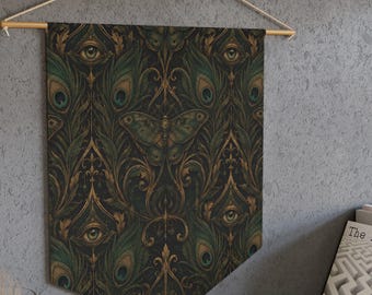 All Seeing Eye Wall Hanging Banner | Peacock Feather Tapestry | Gothic Moth Art Nouveau Decor | Mystical Occult Wall Art