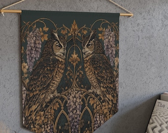 Great Horned Owl Wall Hanging Banner | Gothic Wisteria Tapestry | Dark Academia Bird Art | Vintage Engraving Style Decor