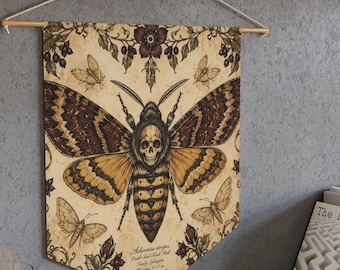 Death's Head Hawk Moth Wall Hanging Banner | Vintage Naturalist Tapestry | Gothic Entomology Wall Art | Antique Specimen Plate Decor