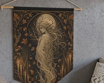 Autumn Forest Spirit Wall Hanging Banner | Halloween Moon Goddess Tapestry | Art Nouveau Dark Academia Wall Art | Gothic Fall Decor