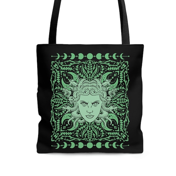 Goddess Medusa Tote Bag, Greek Mythology Book Bags, Snakes, Witch Totes ,Witchy Woman Gifts, Gorgon Moon Phases - Green