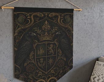 Raven Crest Wall Hanging Banner | Gothic Heraldry Tapestry | Dark Medieval Crown Wall Art | Vintage Coat Of Arms Decor