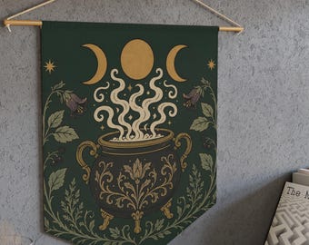Witch's Cauldron Wall Hanging Banner | Triple Moon Goddess Tapestry | Dark Cottagecore Witchy Decor | Gothic Home Decor