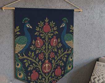 Peacock Pomegranate Wall Hanging Banner | Dark Academia Tapestry | Vintage Botanical Wall Art | William Morris Style Decor