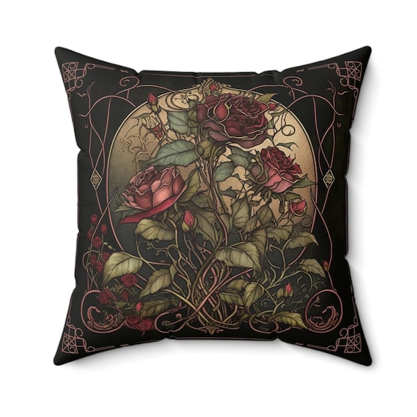 Gothic Rose Pillow, Flower Print Botanical Aesthetic, Floral Throw Pillow, Goth House Warming Gift